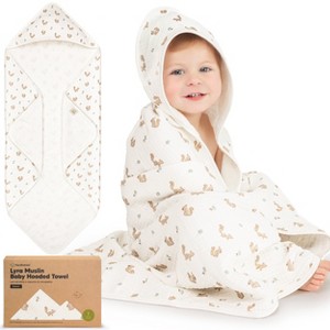 Lyra Muslin Baby Towels with Hoods for Newborn Girls, Boys, 100% Organic Cotton Soft Hooded Baby Bath Towels - 1 of 4