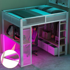 Full Size Metal Gaming Loft Bed with Desk, Open Wardrobe and 3 Linen Storage Drawers - 1 of 4