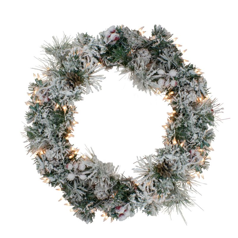 Northlight 24" Pre-lit Heavily Flocked Berries and Pine Cones Artificial Christmas Wreath - Clear Lights, 1 of 5