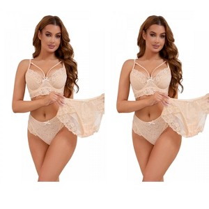 INSPIRE CHIC 2 Sets Women's Cross-Straps Bralette and Panty Mesh Floral Lace Bra and Underwear - 1 of 4