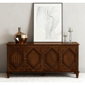 TIRAMISUBEST 65.2" Mid Century Modern Sideboard Buffet Cabinet with Storage, Symmetrical Geometric Accent Coffee Bar Wine Bar Storage Cabine, Brown - 1 of 4