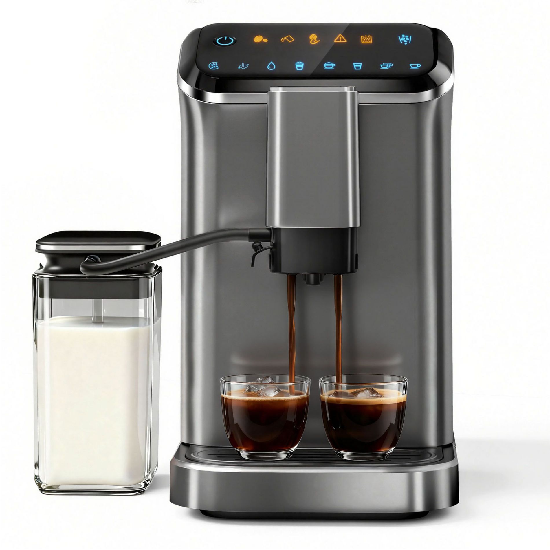 EUHOMY 20 Bar Fully Automatic Coffee and Espresso Machine with Milk Frother & Smart Touchscreen, Self-cleaning, Removable Water Reservoir, Silver