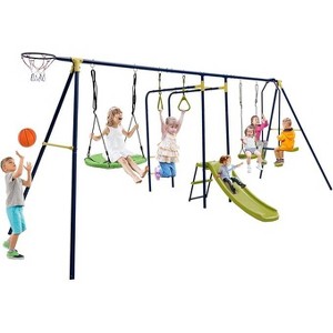 Costzon Swing Set for Backyard, 4-in-1 Heavy Duty Metal Frame with 2 Adjustable Swings, Slide, Basketball Hoop, Indoor/Outdoor Playset for Kids - 1 of 4