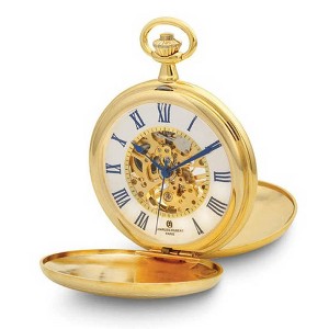 Black Bow Jewelry Charles Hubert Gold Finish Double Cover Striped w/Shield Pocket Watch - 1 of 4