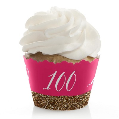 Big Dot of Happiness Chic 100th Birthday - Pink and Gold - Birthday Party Decorations - Party Cupcake Wrappers - Set of 12