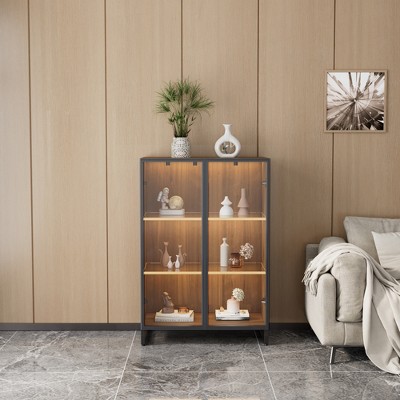 Walnut and Glass Lighted Curio Cabinet with Adjustable Shelves