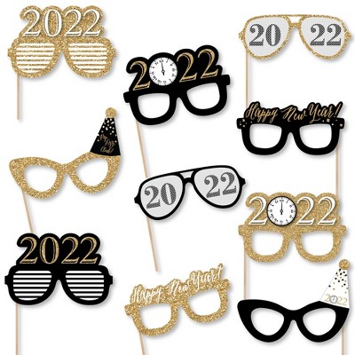 Big Dot of Happiness New Year's Eve Glasses - Gold - 2022 Paper Card Stock New Year's Party Photo Booth Props Kit - 10 Count