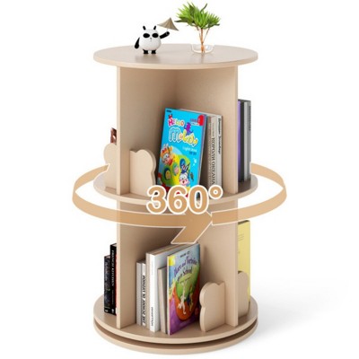 TopComfy Decorative Bookshelf 2 Tier Kids Rotating Bookshelf 360 Display for Books or Toys Bunny Baffles for Living Room, Beige, 17.72"*17.72"*7.87"