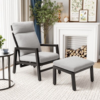 Crestlive Products Reclining Patio Chair with Ottoman, Patio Aluminum Reclining Chair with Cushion, Outdoor Conversation Set