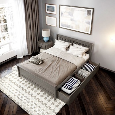 Gray Pine Queen Bed Frame with Headboard and Storage Drawers