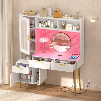 Aheaplus 48'' Vanity Desk with Charging Station and LED Light, Vanity Table with Drawer,  Shelves and Pegboard