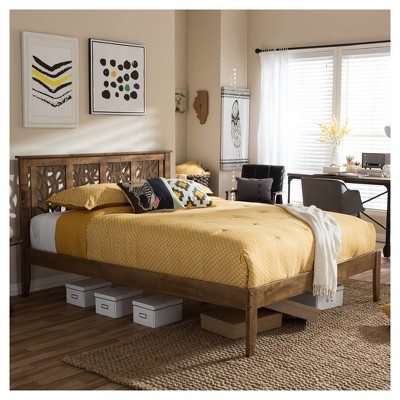 Trina Queen-Size Walnut Wood Platform Bed with Tree Branch Inspired Headboard