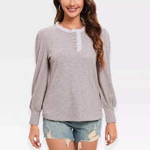Womens Tops with Lace Trim Neckline Long Sleeve Front Button Ribbed Knit Tops Vintage Tops Pullover Sweater Babydoll Tops,Light Brown - 2XL - 1 of 4