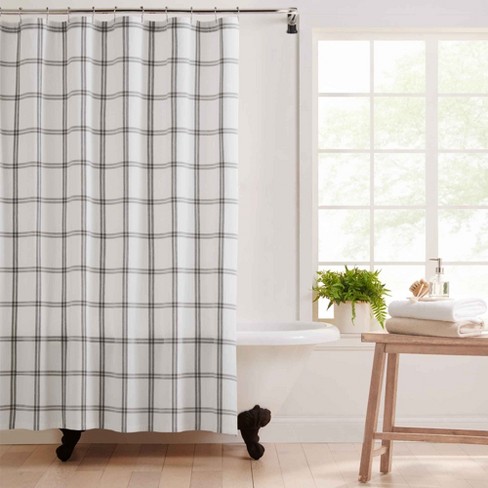 Farmhouse Living Double Windowpane, Grey And Beige Fabric Shower Curtain
