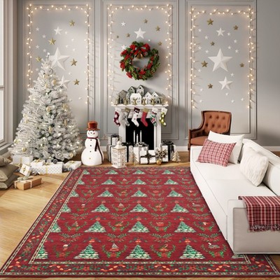Christmas Festive Area Rugs 6x9 Indoor Carpet, Non-Slip Washable Soft Faux Wool Floor Mat Low Pile Foldable Accent Rug for Bedroom Living Room
