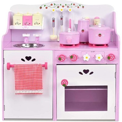 Costzon Kids Kitchen Playset, Wooden Strawberry Toy Set with 13-Piece Cookware, Sound Effects, Pot, Pan, Sink & Oven (Pink)