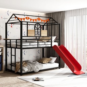 Whisen Twin Over Twin Bunk Bed & Housebed, Metal Bed Frame with Slide and Guard Rail - 1 of 4