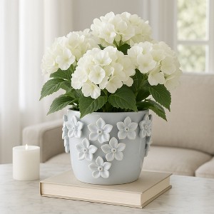 Planter Stoneware Ceramic Floral Design with Raised 3D Sculpted Flowers and Glossy Handcrafted Texture Detailing - 1 of 4