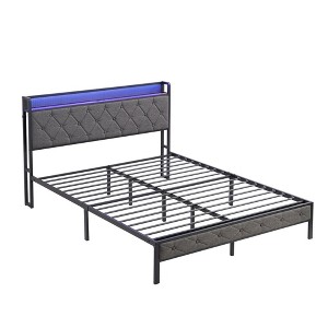 Bed With Storage Headboard, Charging Station And LED Lights, Upholstered Platform Bed Frame With Metal Slats, No Box Spring Needed, Gray - 1 of 4