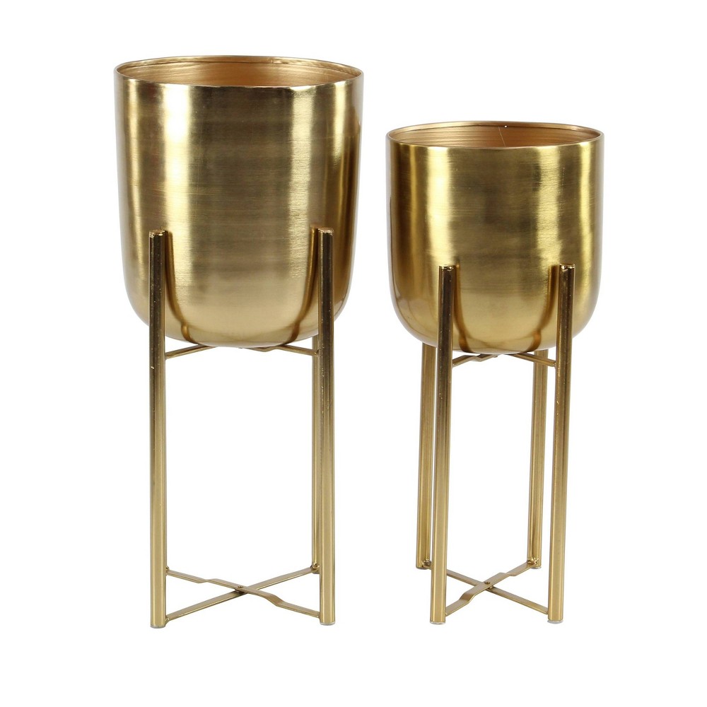 Large and Round Metallic Planters in Stands, Set of 2