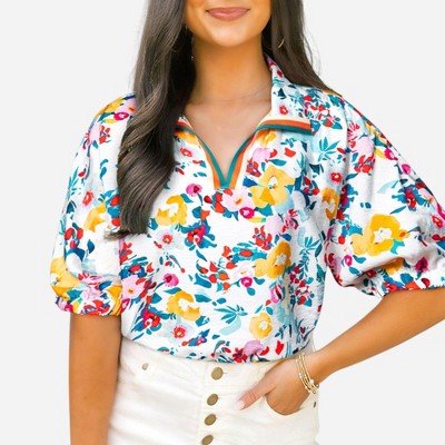 Amaryllis Women’s Watercolor Floral Print Short Sleeve Collared Blouse Relaxed Fit with Elastic Cuffs Lightweight Everyday Top