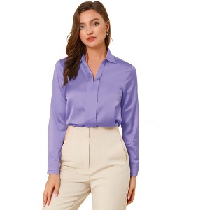 INSPIRE CHIC Women's Elegant V Neck Long Sleeve Office Work Satin Shirt - 1 of 4