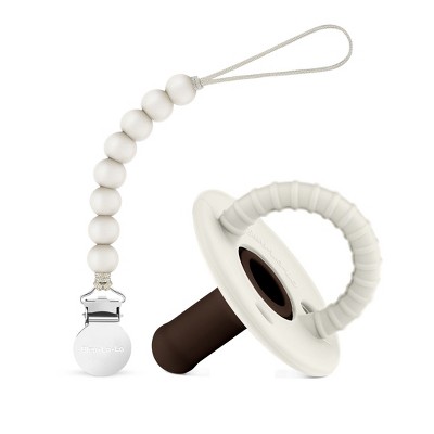 Image of Lulababe Halo Pacfier and Clip Set - Soft Silicone Paci and Clip Holder for Baby's and Toddlers - Sugar Swizzle + Mocha, Stage 2 (6-24m) - 1 Set