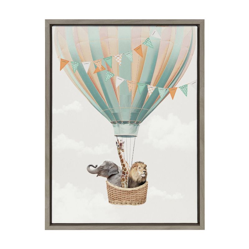 Kate &#38; Laurel All Things Decor 18&#34;x24&#34; Sylvie Hot Air Balloon Travel Framed Canvas Wall Art by July Art Prints Gray Zoo Animal, 1 of 7