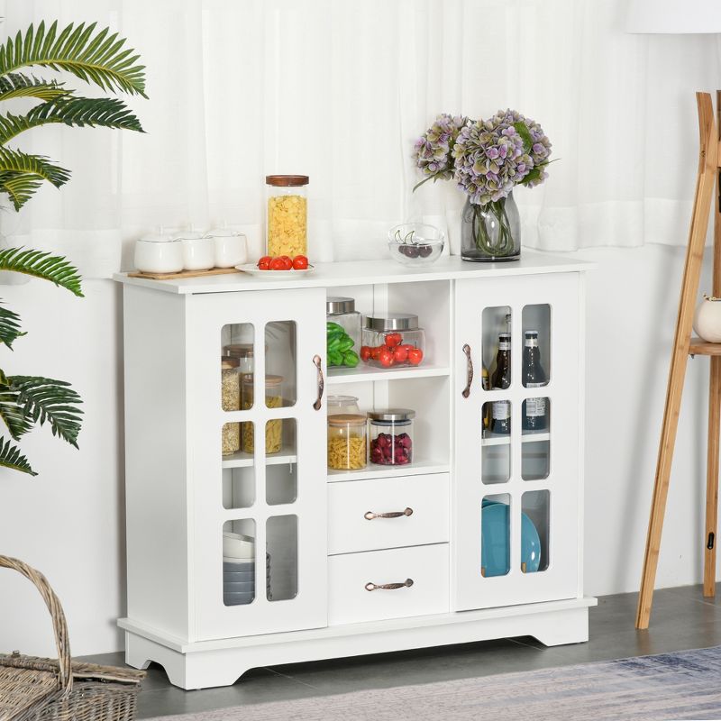 HOMCOM Modern Storage Console Cabinet with 2 Framed Glass Doors and 2 Drawers for Kitchen or Living Room, 2 of 9