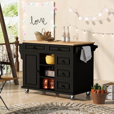 53" Kitchen Cart with Rubber Wood Top, Rolling Kitchen Island with 5 Drawers, Spice Rack, Towel Holder & Adjustable Shelves - ModernLuxe