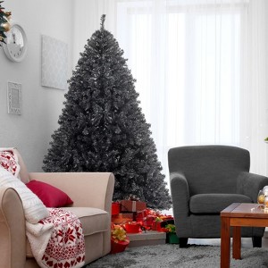 Angel Sar 6FT Black Artificial Christmas Tree, 1050 PVC Branch Tips, Metal Stand, Easy Assembly for Modern Holiday Decor - 1 of 4