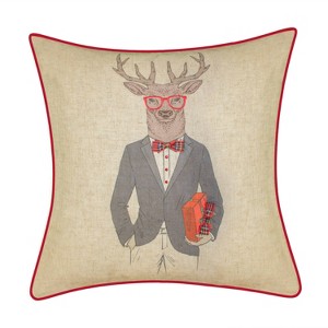 18"x18" Reindeer Boyfriend Plaid Square Throw Pillow Natural/Red - Edie@Home: Holiday Collection, Zipper Closure - 1 of 4