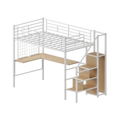 VYNXARIA White Twin Loft Bed Featuring a Desk, Storage Closet, Staircase and Metal Mesh