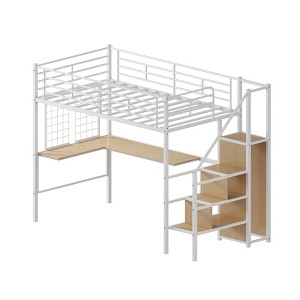 VYNXARIA White Twin Loft Bed Featuring a Desk, Storage Closet, Staircase and Metal Mesh - 1 of 4