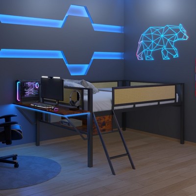 KTMBDW Low Loft Bed Twin/Full Size with Desk Gaming, Metal Loft Bed with LED and Storage Space, Safety Guard and Ladder, No Box Spring Needed