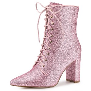 Allegra K Women's Glitter Lace-Up Pointed Toe Block Heel Ankle Boots - 1 of 4