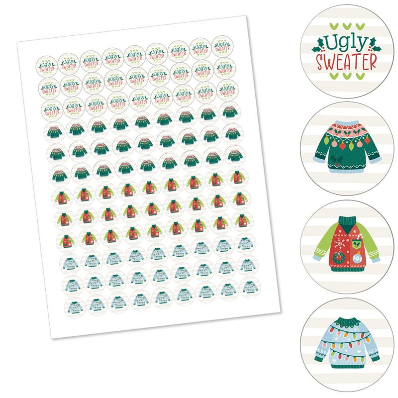 Big Dot of Happiness Colorful Christmas Sweaters - Ugly Sweater Holiday Party Round Candy Sticker Favors - Labels Fits Chocolate Candy (1 sheet of, 2 of 6