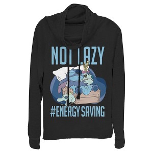 Juniors Womens Lilo & Stitch Not Lazy, Saving Energy Cowl Neck Sweatshirt - 1 of 4