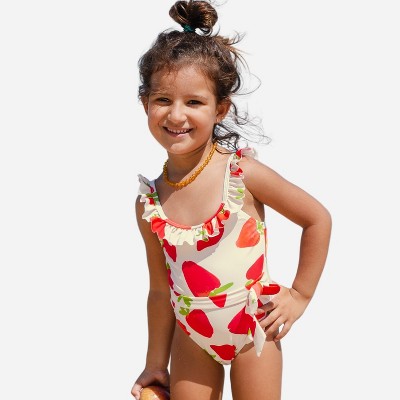 Girls' Ruffled Belted One Piece Swimsuit - Cupshe - White/Red