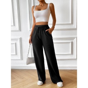 Women's High Waisted Drawstring Waist Wide Leg Sweatpants with Pockets Casual Loose Yoga Pants - 1 of 4