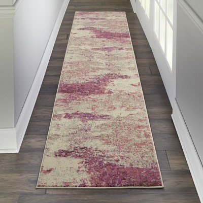 Ivory and Pink Abstract Runner Rug with Synthetic Fibers