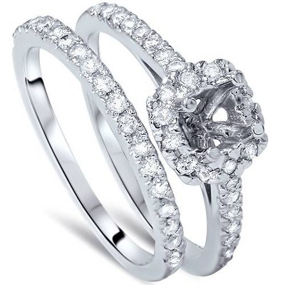 Pompeii3 3/4ct Cushion Halo Engagement Ring Setting & Band 14K White Gold