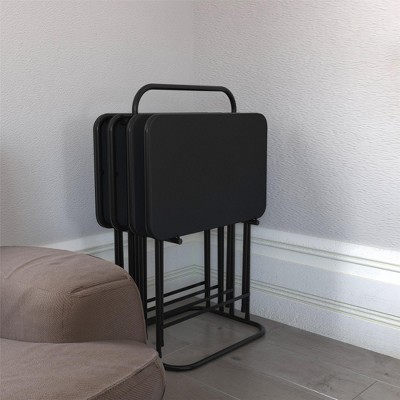 COSCO 5-Piece Black Folding Vinyl Top TV Tray Set with Storage Rack