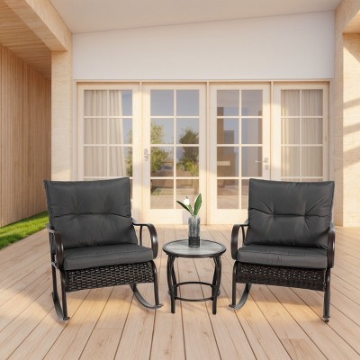 3 Pieces Patio Seating Set,Patio Rocking Rattan Chair Set Of 2 With Coffee Table,Patio Chairs Outdoor With Cushion -Maison Boucle