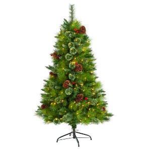 Nearly Natural 5-ft Montana Mixed Pine Artificial Christmas Tree with Pine Cones, Berries and 250 Clear LED Lights - 1 of 4
