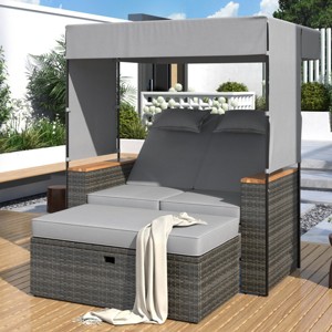 Outdoor Patio Rattan Daybed, 2 Pcs Daybed with Adjustable Backrests and Roof, Loveseat Bench Lounge with Cushions and Pillows-Coolbibila - 1 of 4
