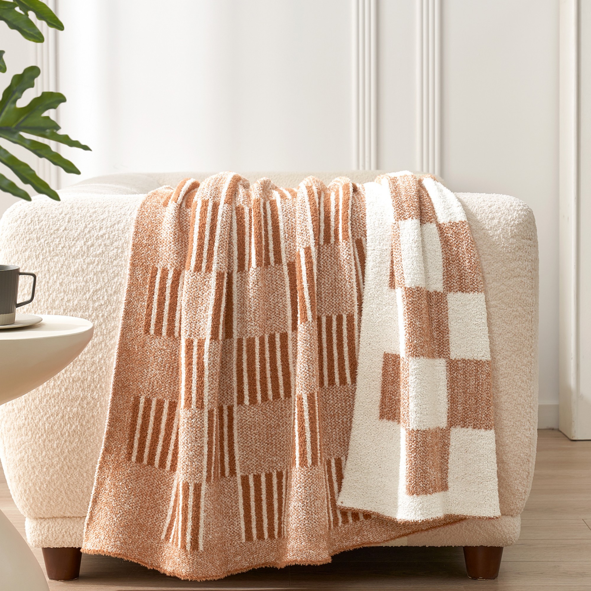 Snuggle Sac Super Soft Reversible Throw Blanket,Lightweight Textured Striped Throw,Checkered Style,Heather Orange,50*60"