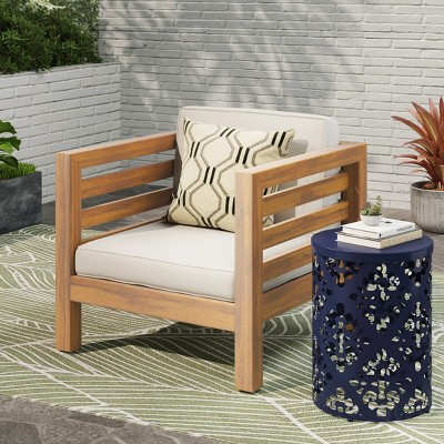 Coolbibila Mid Century Modern Outdoor Wood Club Arm Chair,Slat Design Acacia Wood Lounge Chair,Patio Cushion Side Chair for Pool,Garden