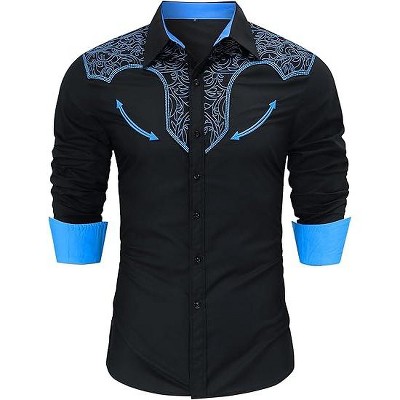Men's Western Shirts Long Sleeve Slim Fit Embroideres Cowboy Shirts Casual Button Down Shirt