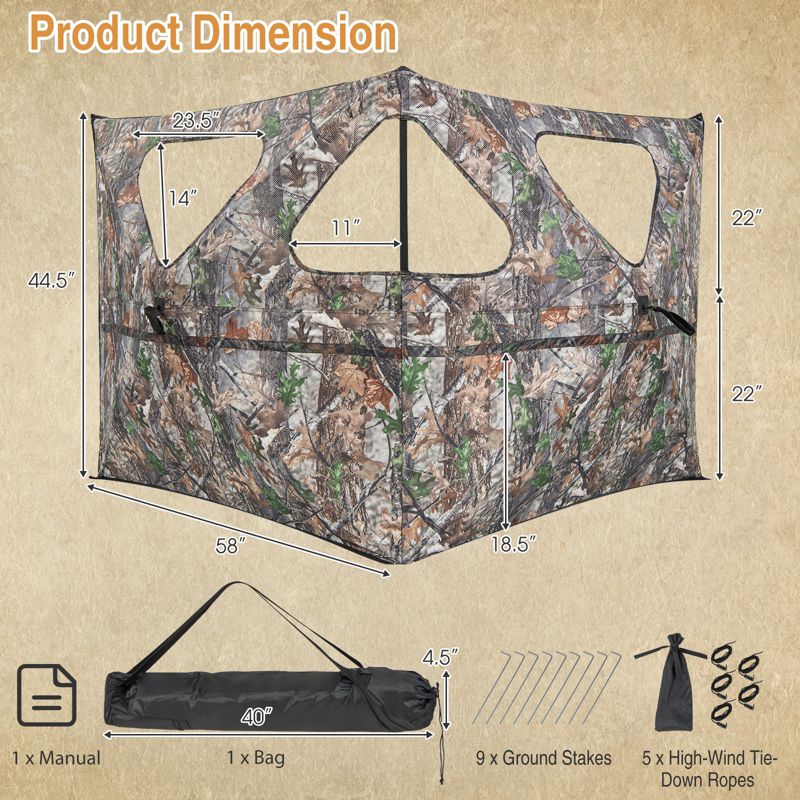 Costway Turkey Hunting Ground Blind 2-Panel Pop Up Fence with 3 Shoot Through Ports, 3 of 10